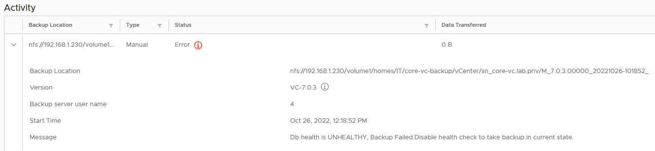 Db health is UNHEALTHY vcenter backup